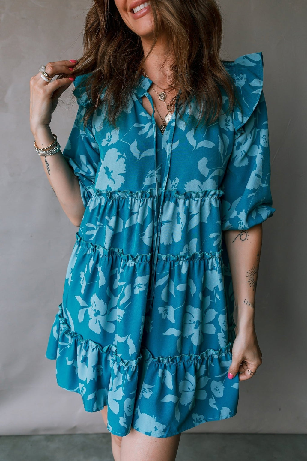 Flower 3/4 Sleeve Ruffle Tiered Dress - Rooted & Reckless Co.