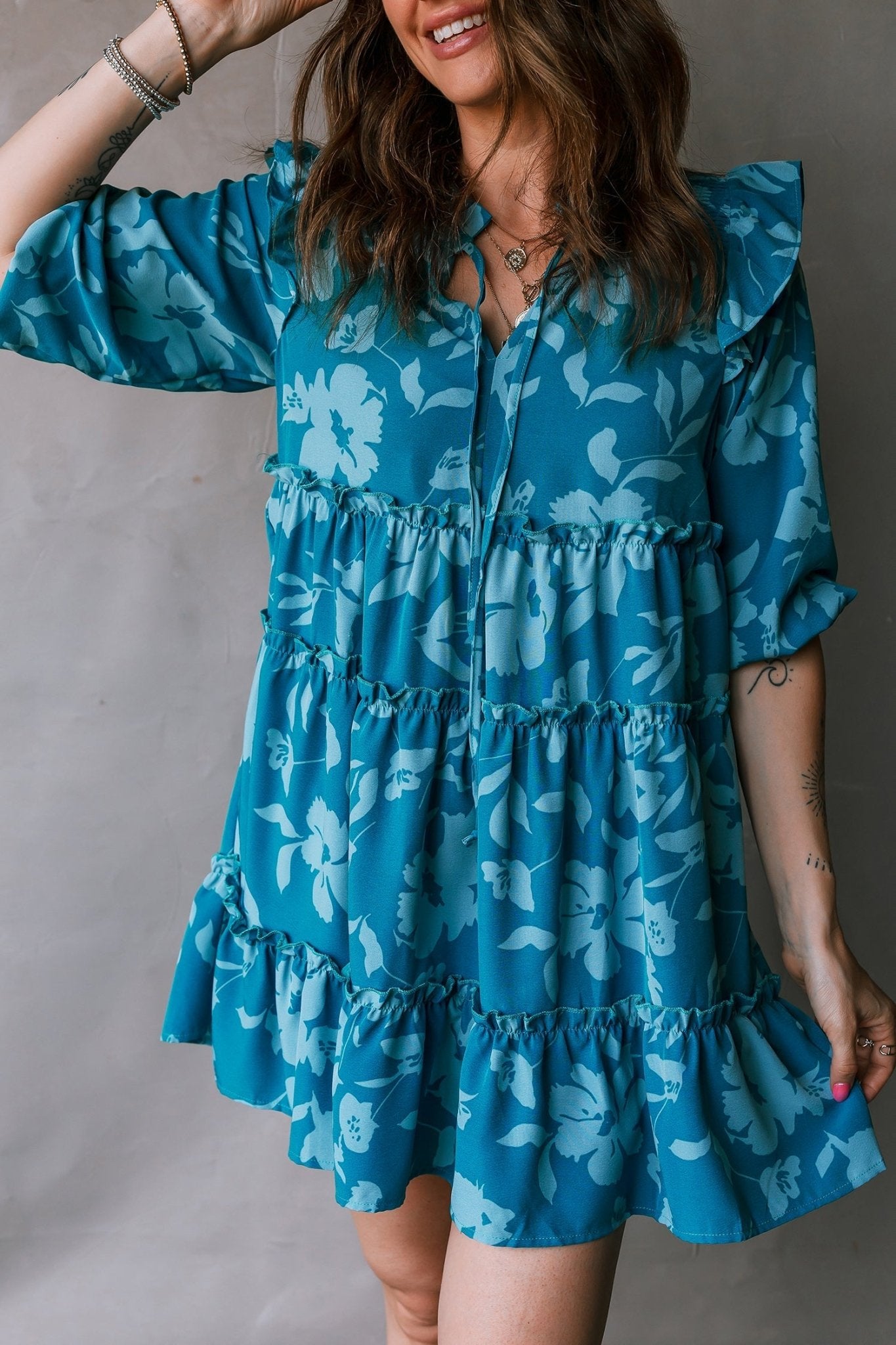 Flower 3/4 Sleeve Ruffle Tiered Dress - Rooted & Reckless Co.