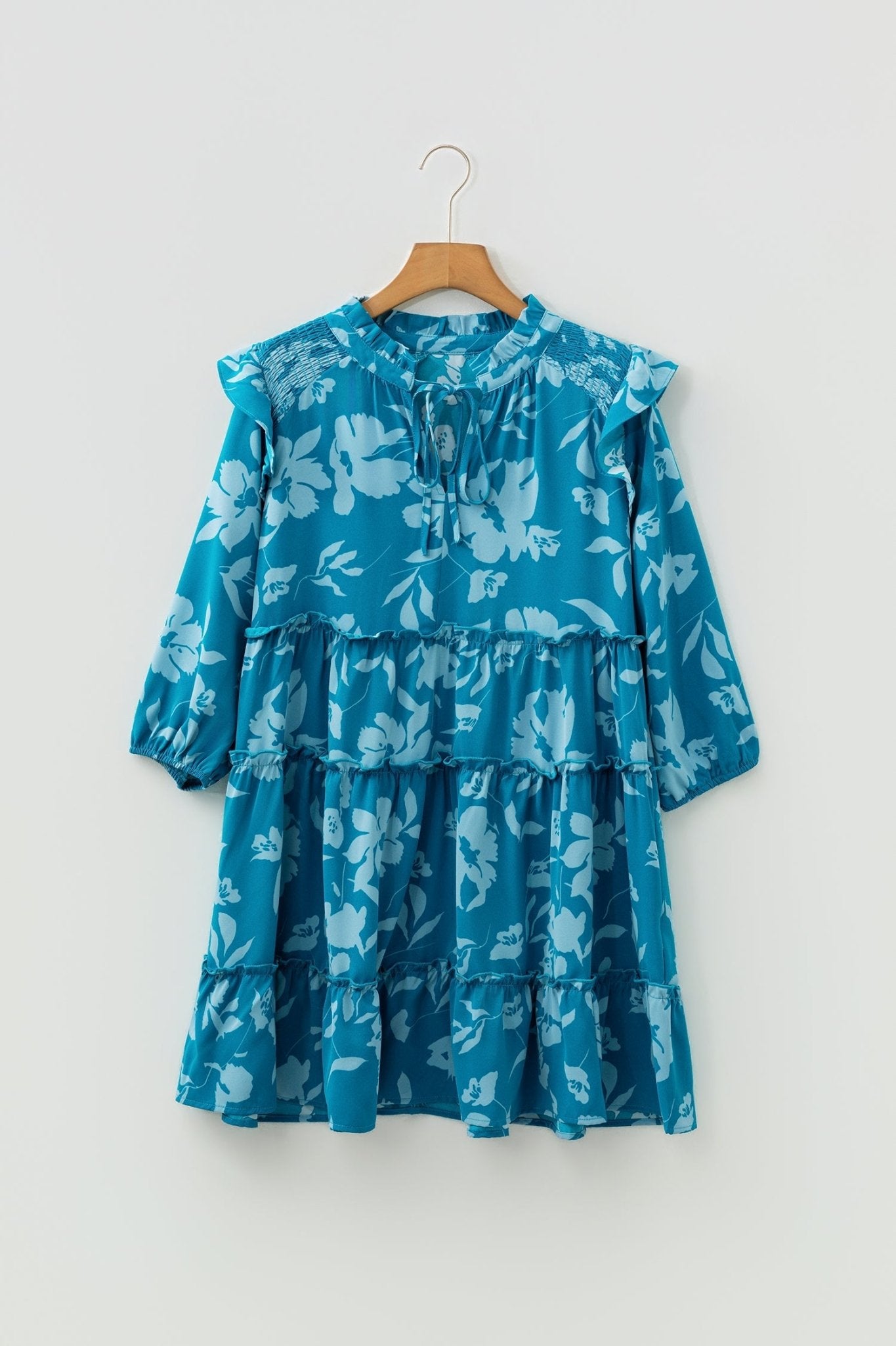Flower 3/4 Sleeve Ruffle Tiered Dress - Rooted & Reckless Co.