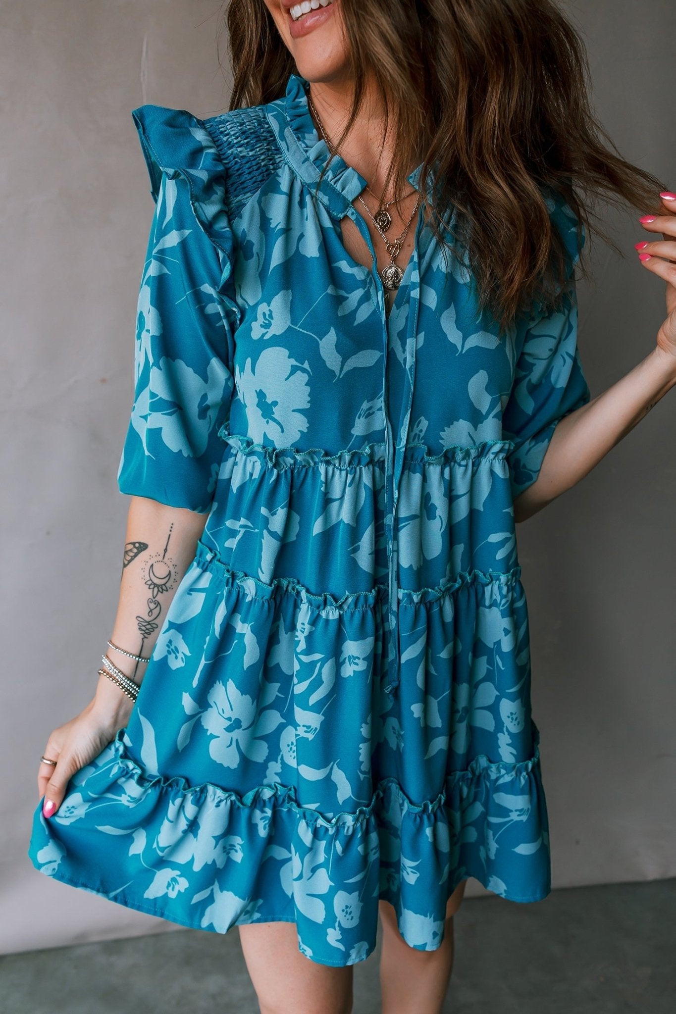 Flower 3/4 Sleeve Ruffle Tiered Dress - Rooted & Reckless Co.