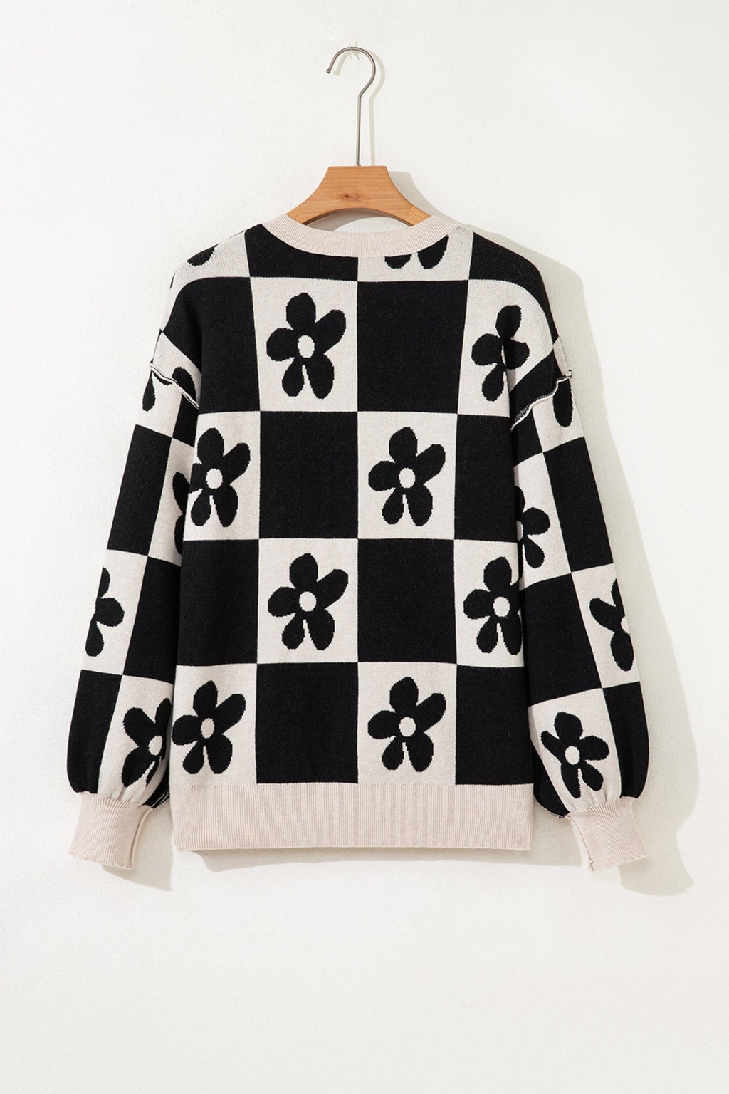Flower Checker Henley Baggy Sweater - Rooted & Reckless Co.