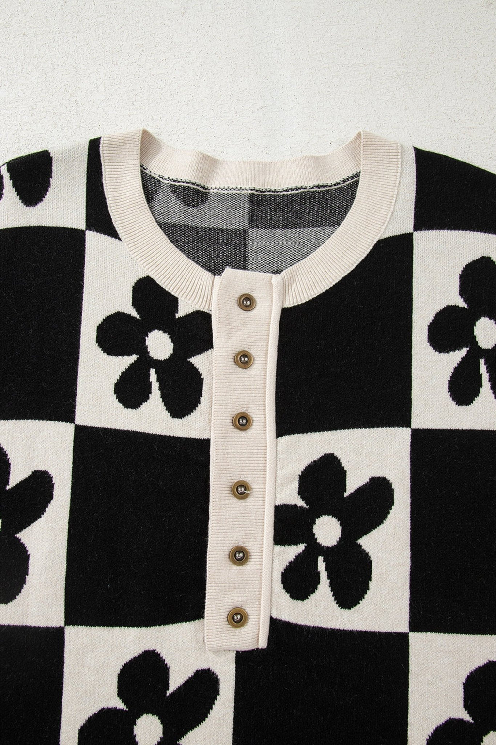 Flower Checker Henley Baggy Sweater - Rooted & Reckless Co.