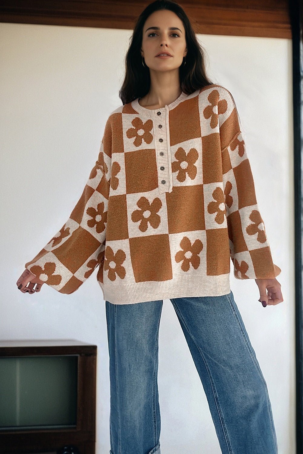 Flower Checker Henley Baggy Sweater - Rooted & Reckless Co.