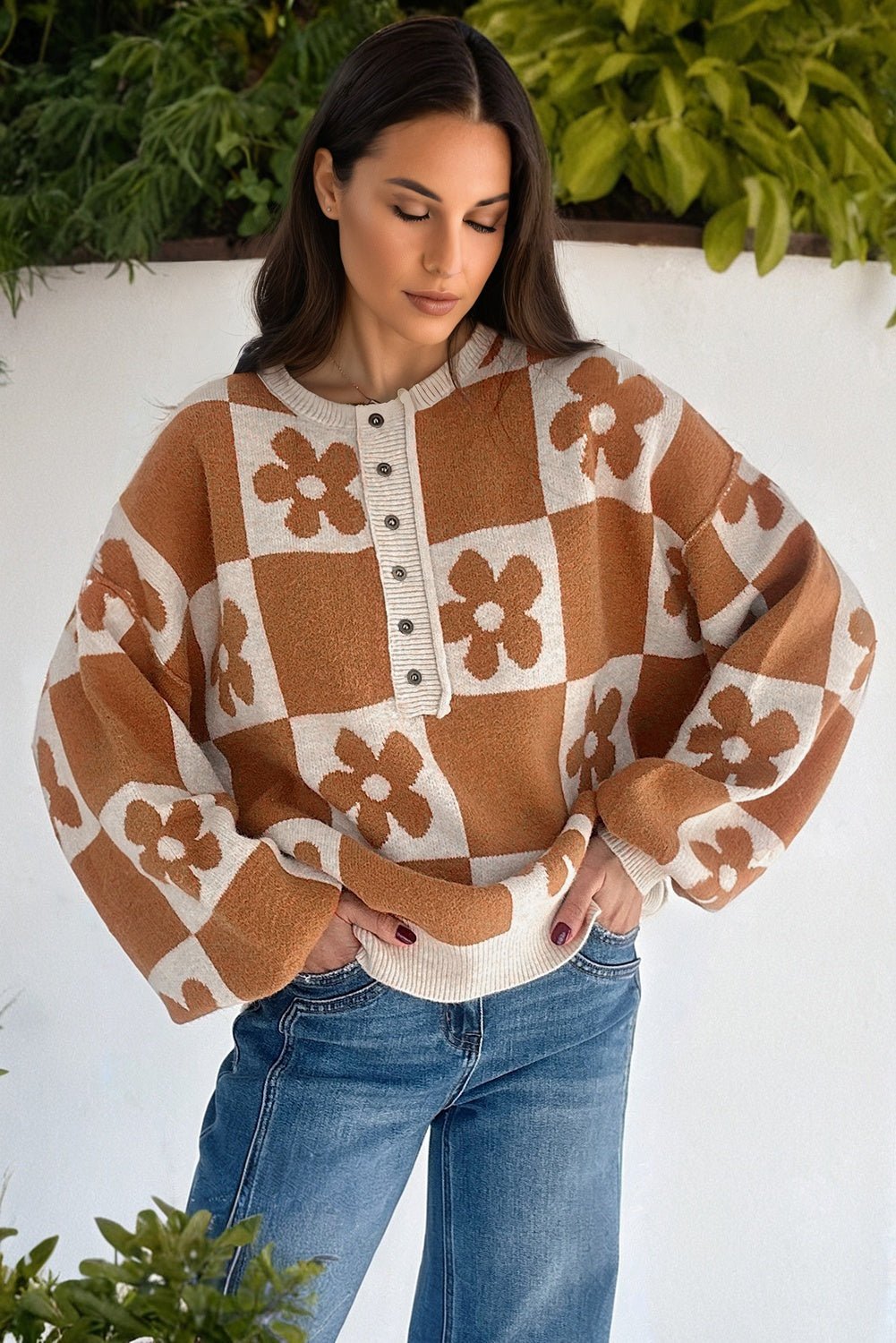 Flower Checker Henley Baggy Sweater - Rooted & Reckless Co.