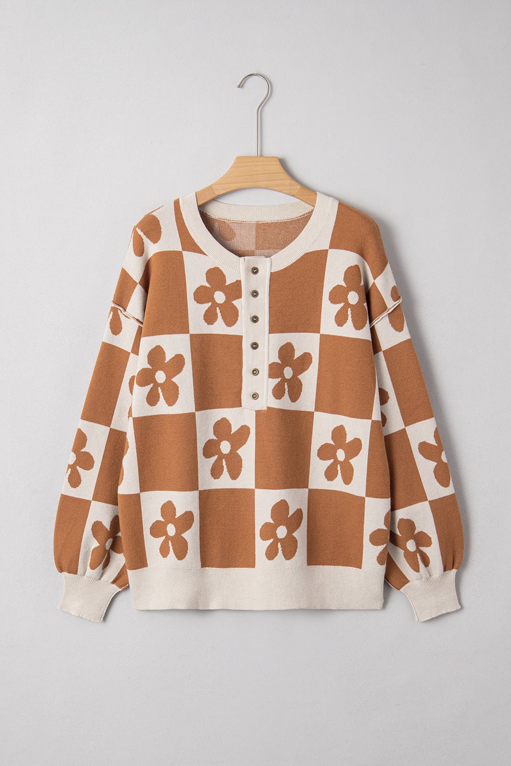 Flower Checker Henley Baggy Sweater - Rooted & Reckless Co.
