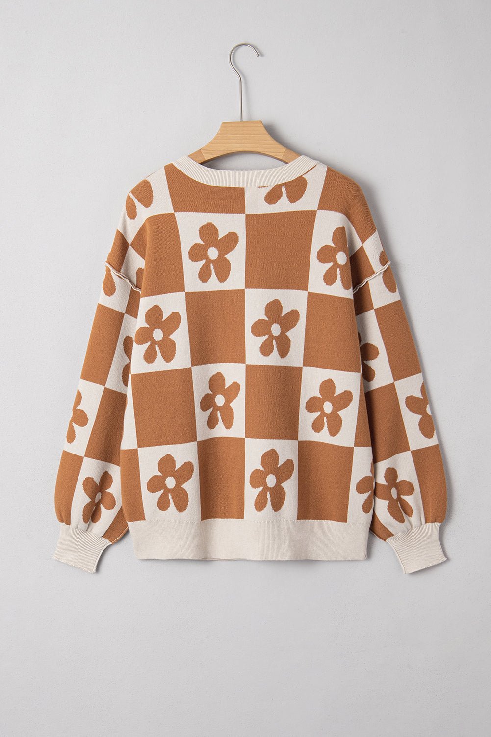 Flower Checker Henley Baggy Sweater - Rooted & Reckless Co.
