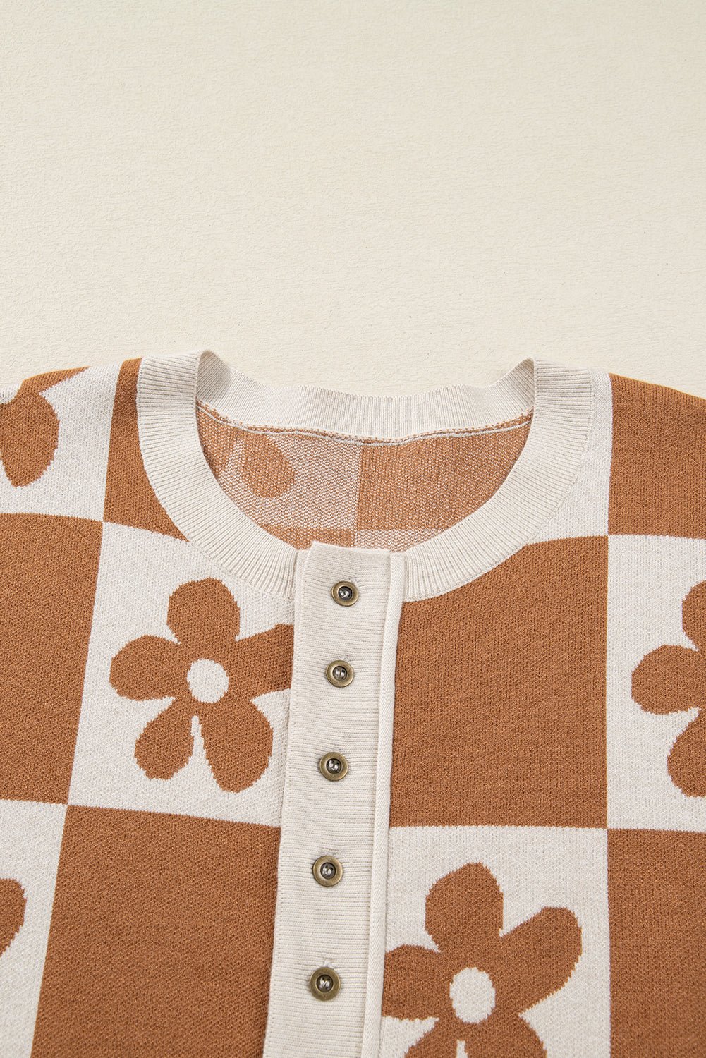 Flower Checker Henley Baggy Sweater - Rooted & Reckless Co.