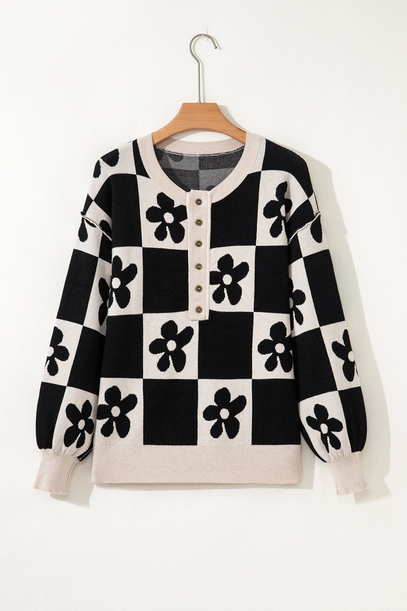 Flower Checker Henley Baggy Sweater - Rooted & Reckless Co.