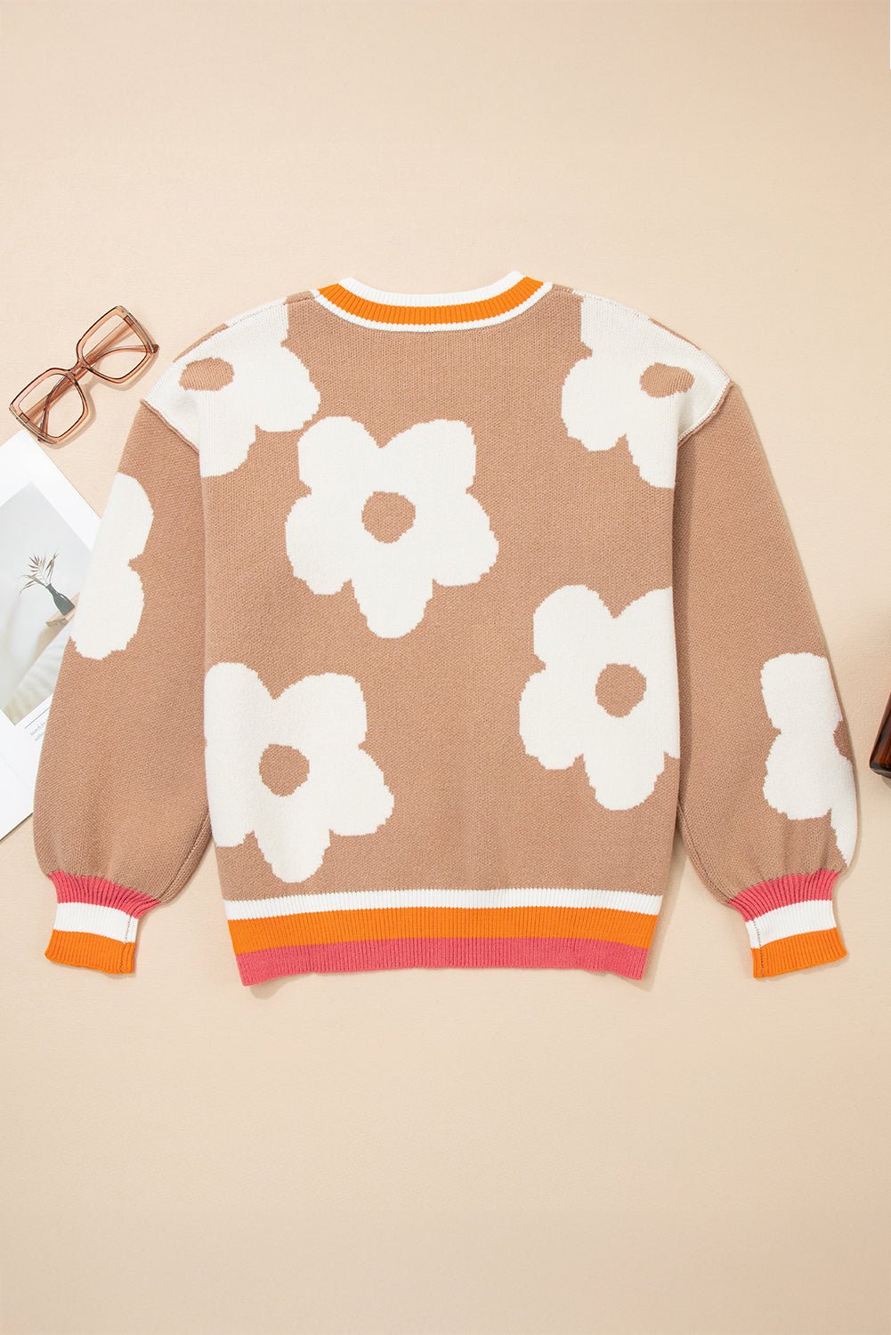 Flower Colorblock Contrast Stripe Baggy Sweater - Rooted & Reckless Co.