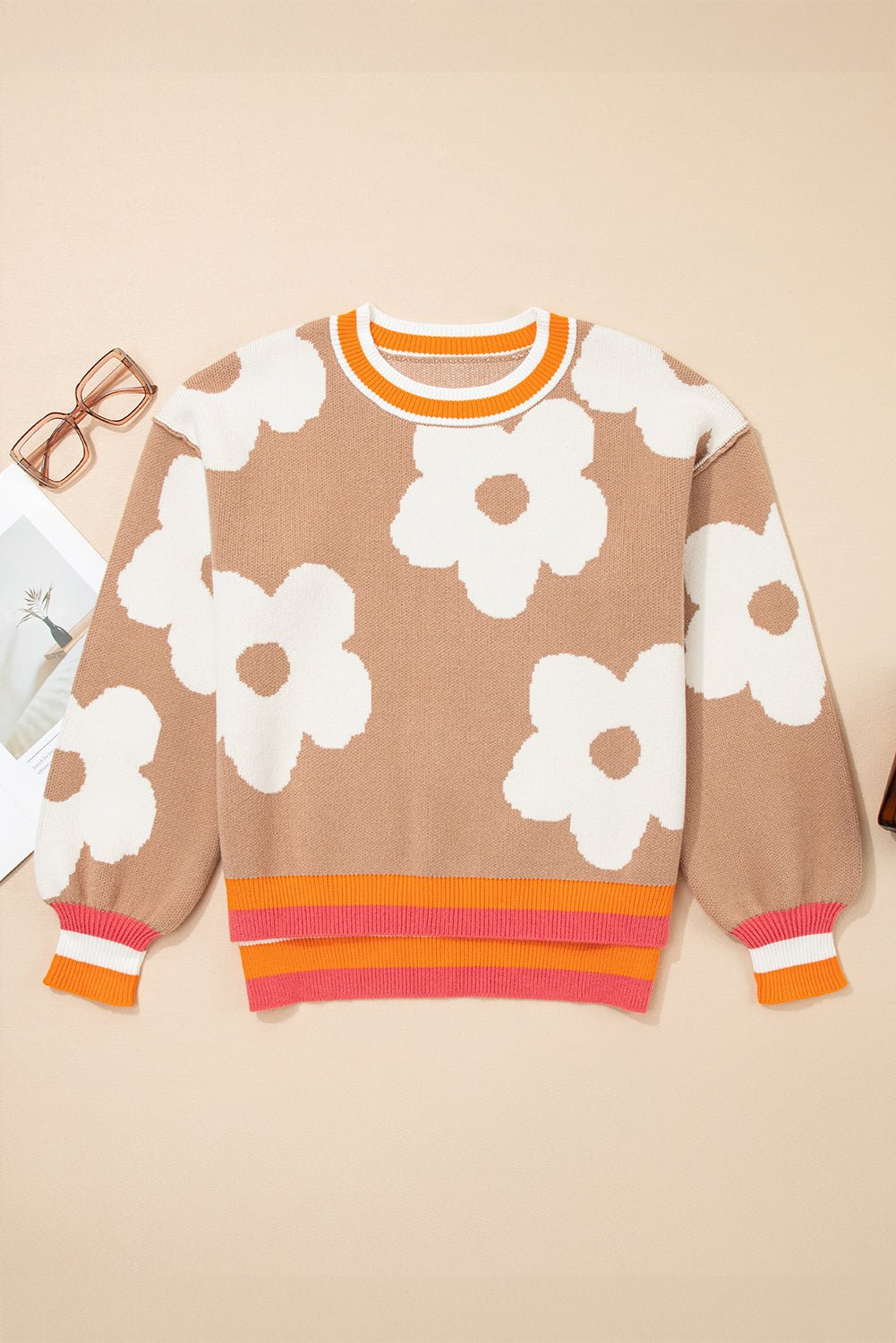 Flower Colorblock Contrast Stripe Baggy Sweater - Rooted & Reckless Co.