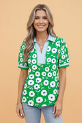 Flower Contrast Patchwork Collar Short Sleeve Blouse - Rooted & Reckless Co.