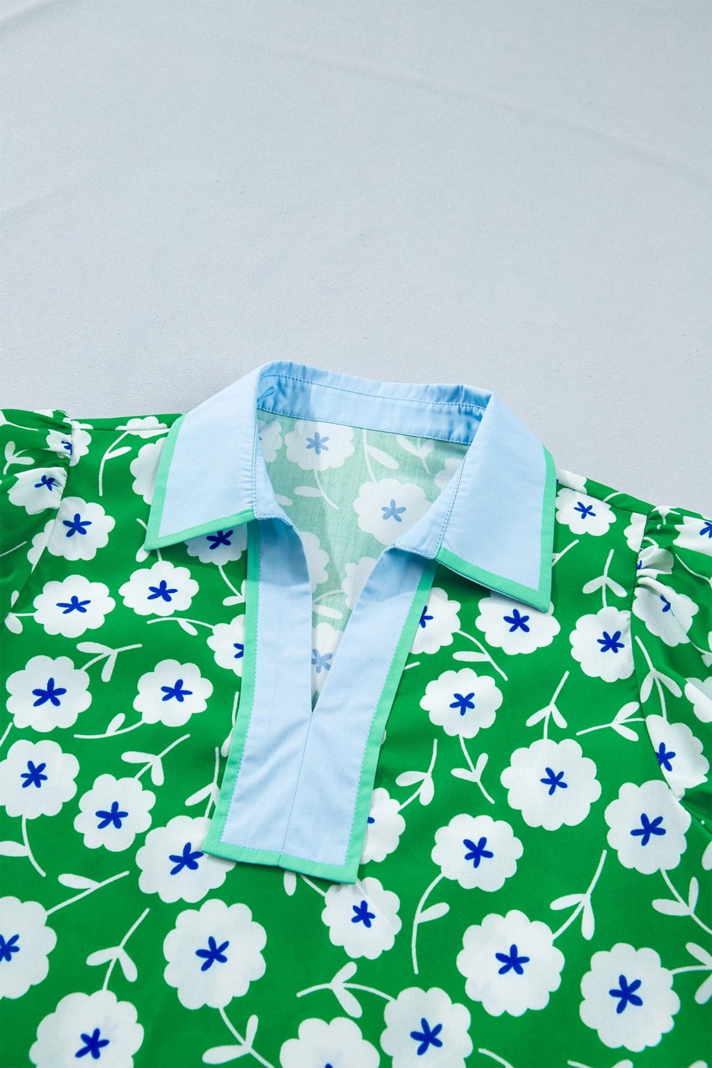 Flower Contrast Patchwork Collar Short Sleeve Blouse - Rooted & Reckless Co.