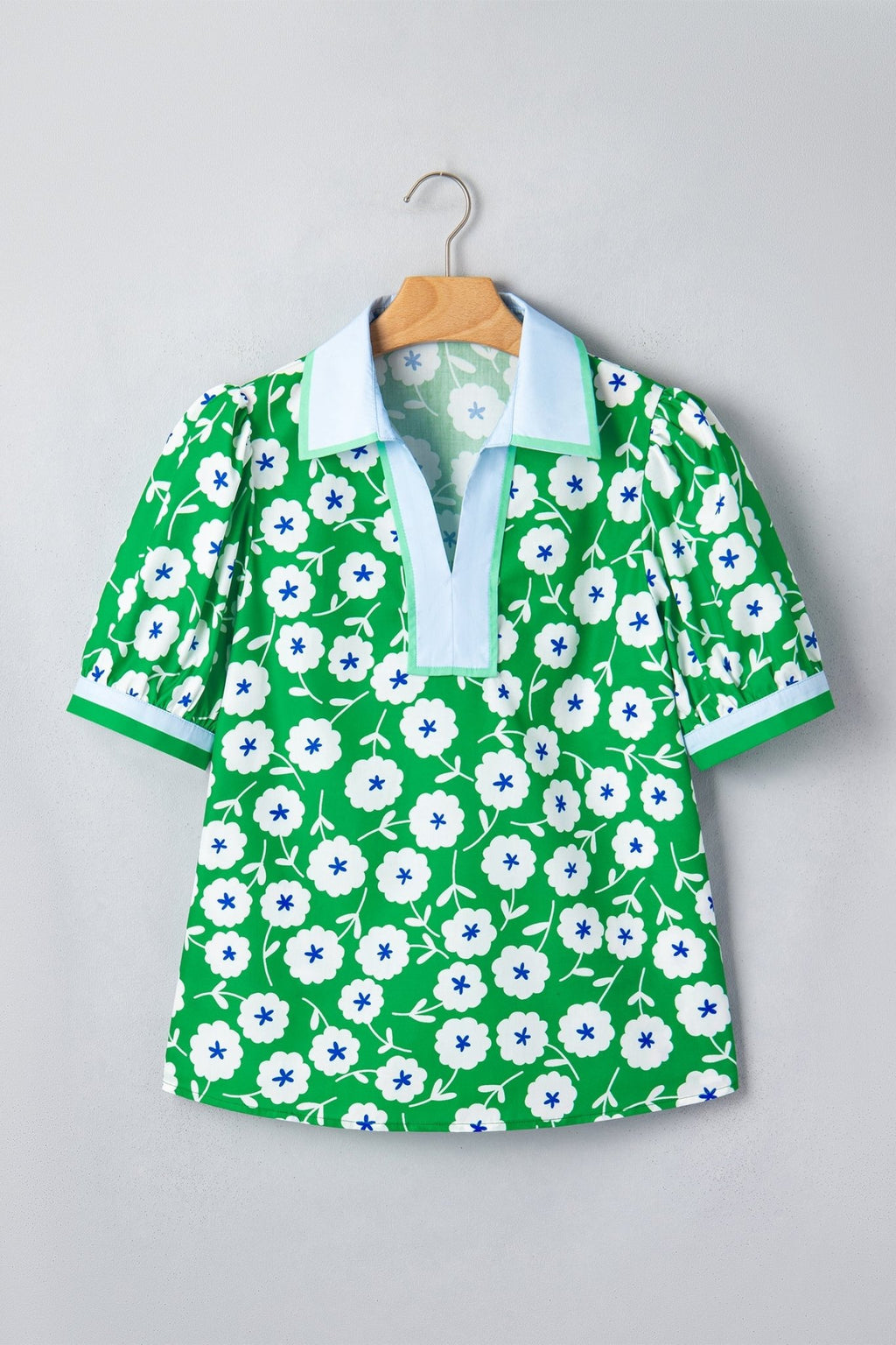 Flower Contrast Patchwork Collar Short Sleeve Blouse - Rooted & Reckless Co.
