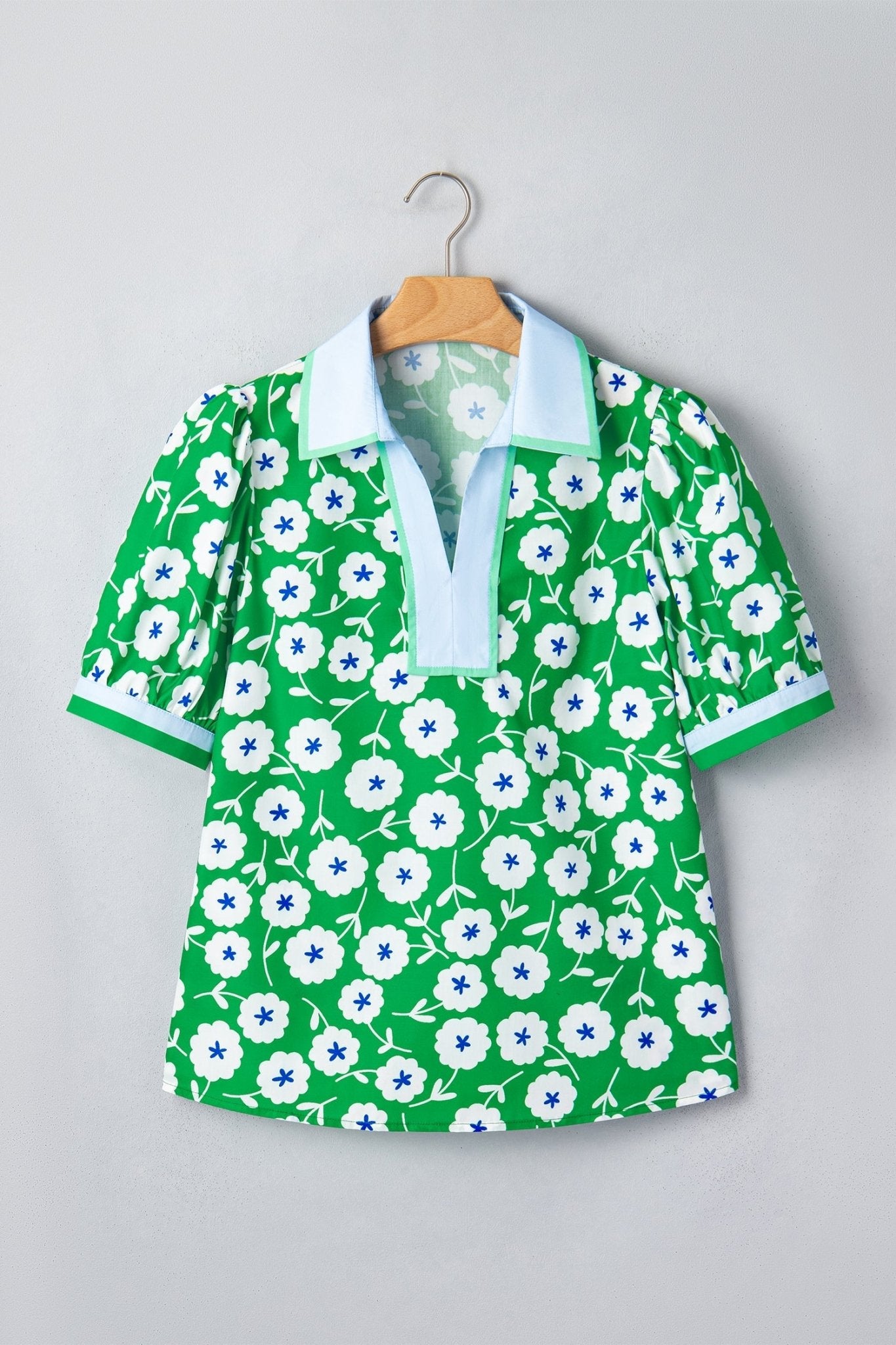 Flower Contrast Patchwork Collar Short Sleeve Blouse - Rooted & Reckless Co.