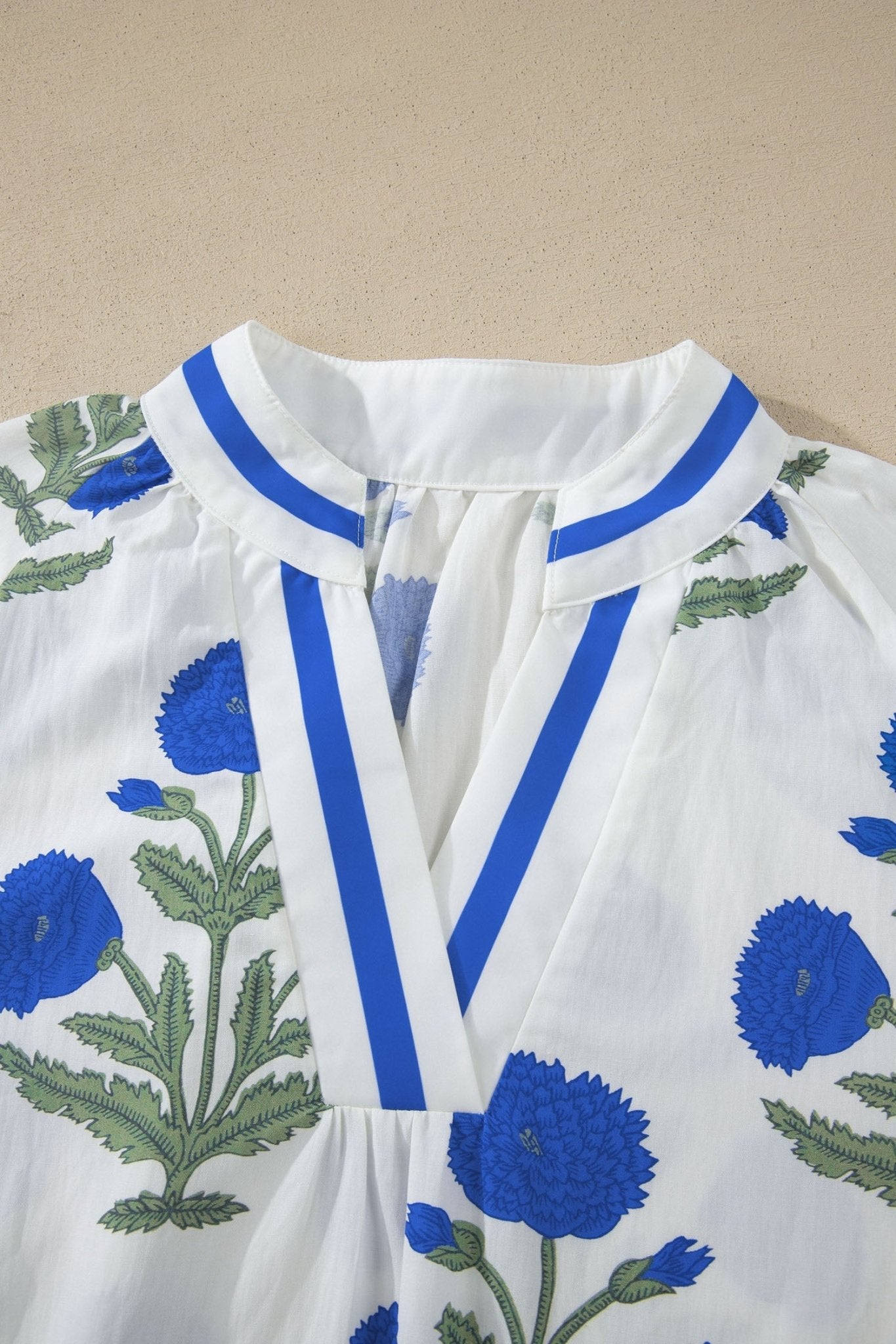 Flower Contrast V-Neck 3/4 Sleeve Blouse - Rooted & Reckless Co.