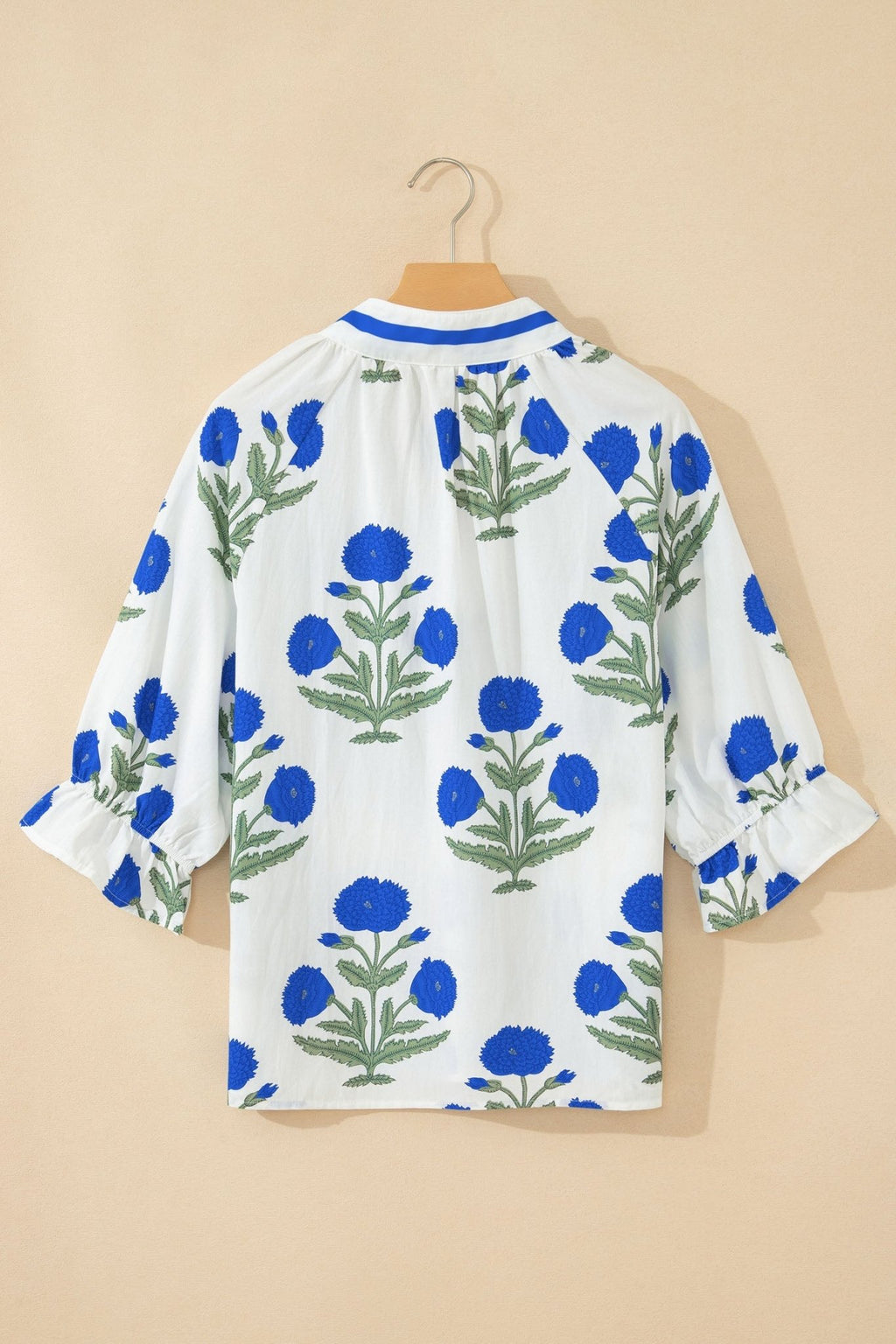 Flower Contrast V-Neck 3/4 Sleeve Blouse - Rooted & Reckless Co.