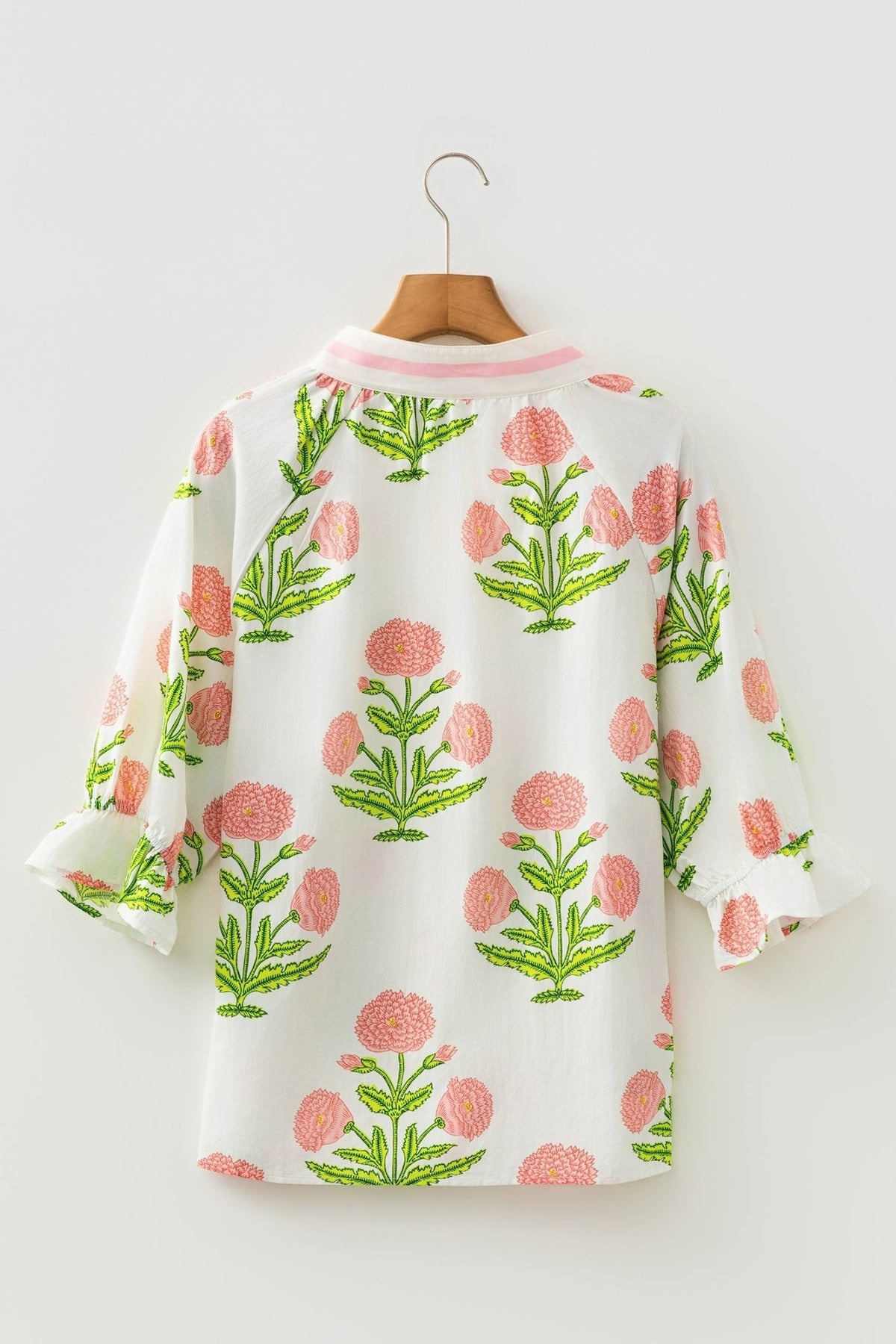 Flower Contrast V-Neck 3/4 Sleeve Blouse - Rooted & Reckless Co.