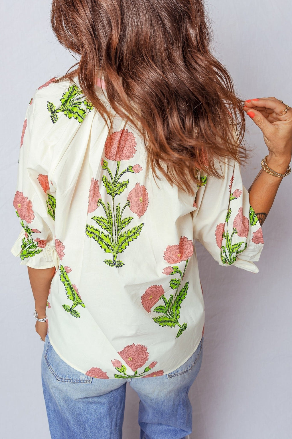 Flower Contrast V-Neck 3/4 Sleeve Blouse - Rooted & Reckless Co.