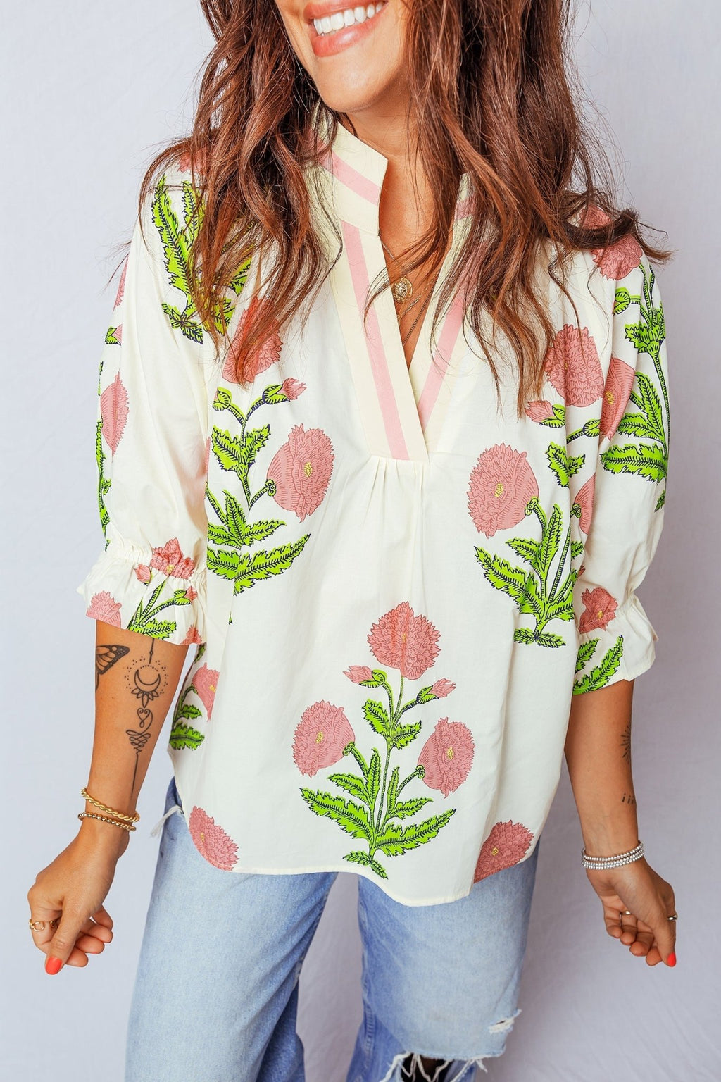 Flower Contrast V-Neck 3/4 Sleeve Blouse - Rooted & Reckless Co.