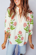 Flower Contrast V-Neck 3/4 Sleeve Blouse - Rooted & Reckless Co.
