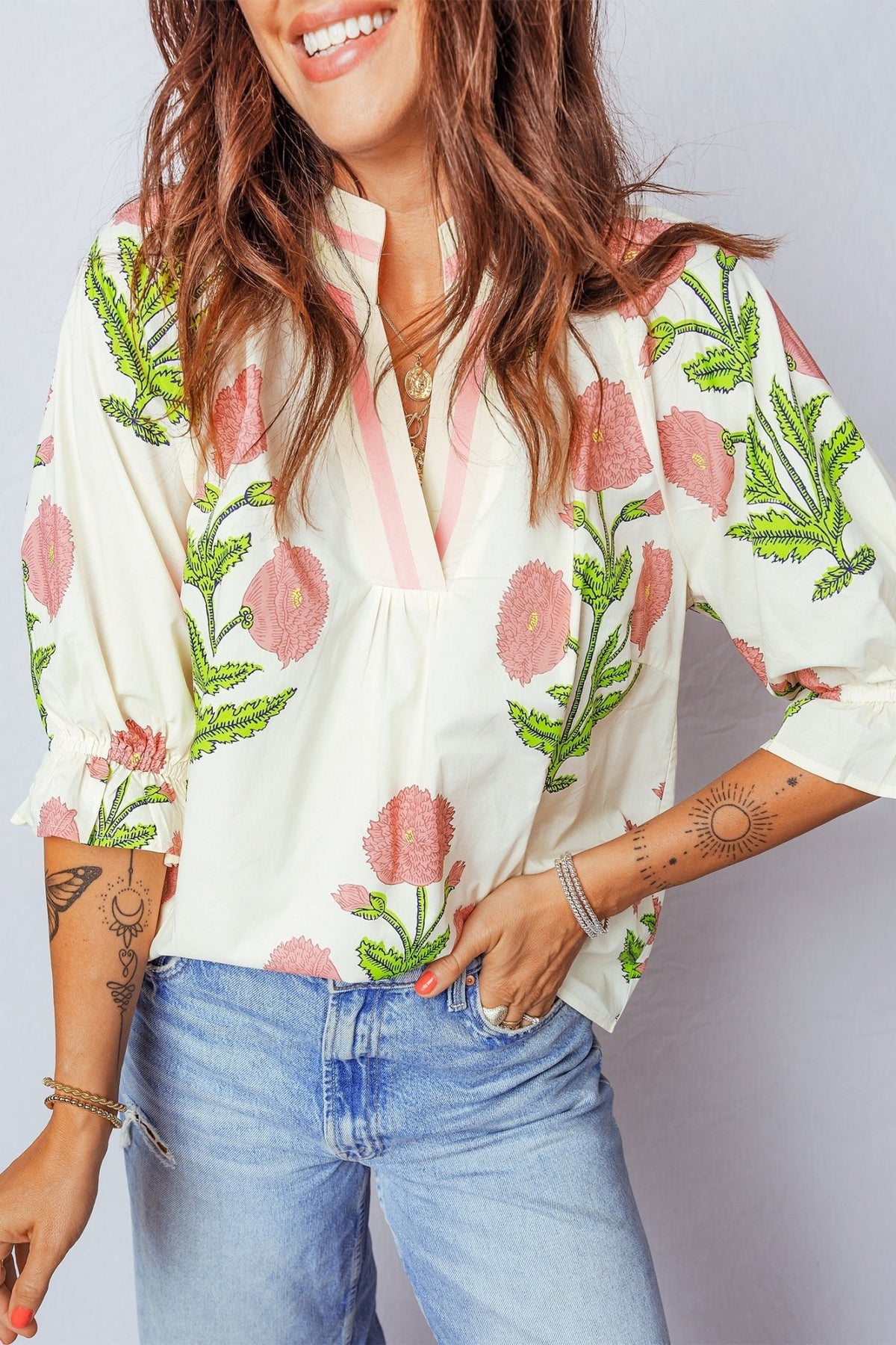 Flower Contrast V-Neck 3/4 Sleeve Blouse - Rooted & Reckless Co.