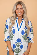 Flower Contrast V-Neck 3/4 Sleeve Blouse - Rooted & Reckless Co.