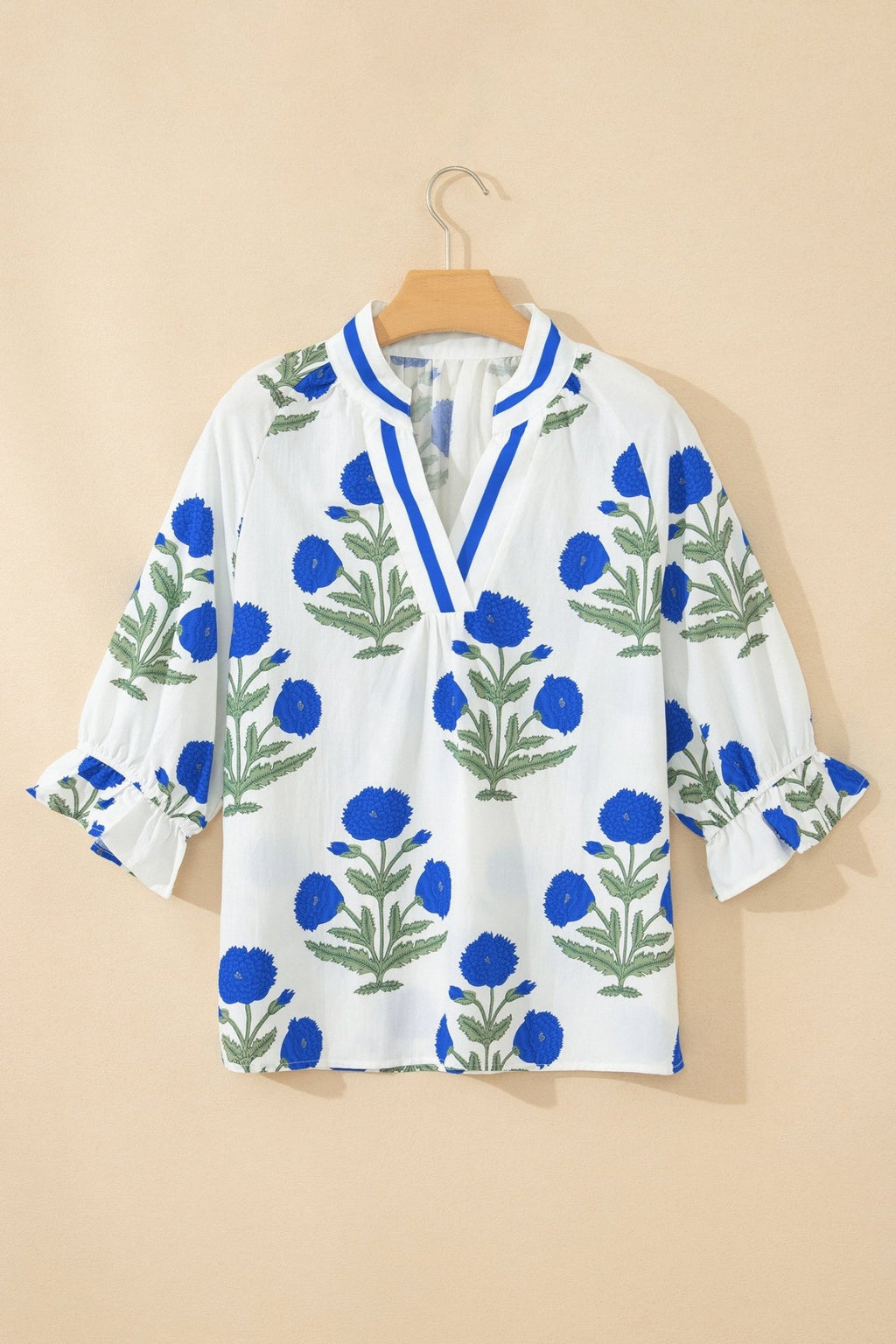 Flower Contrast V-Neck 3/4 Sleeve Blouse - Rooted & Reckless Co.