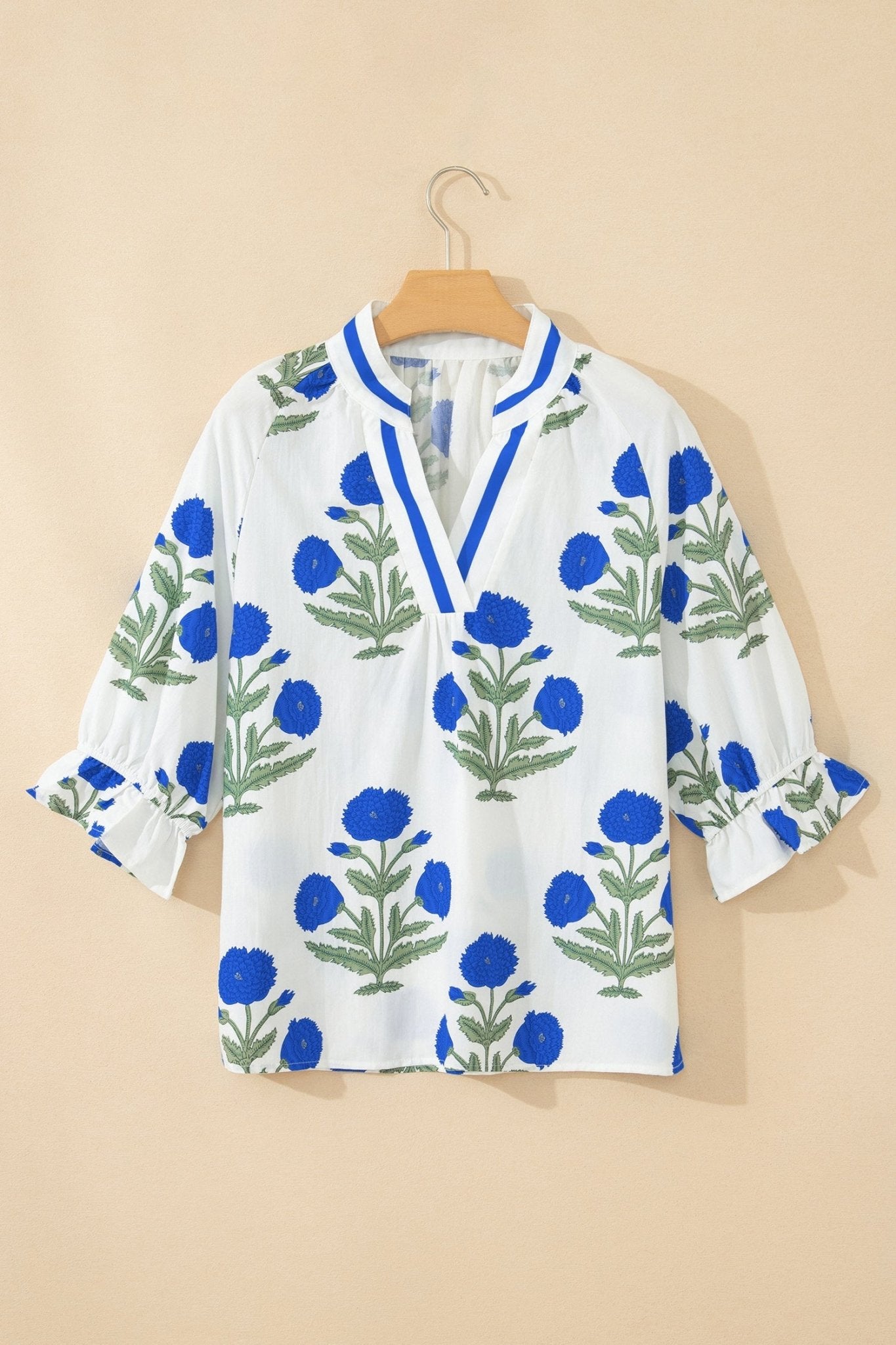 Flower Contrast V-Neck 3/4 Sleeve Blouse - Rooted & Reckless Co.