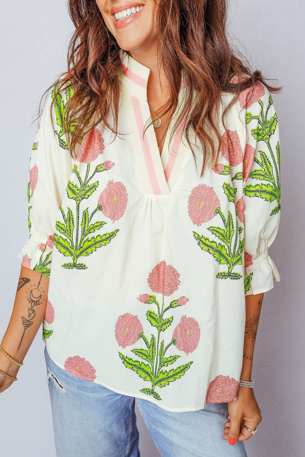 Flower Contrast V-Neck 3/4 Sleeve Blouse - Rooted & Reckless Co.