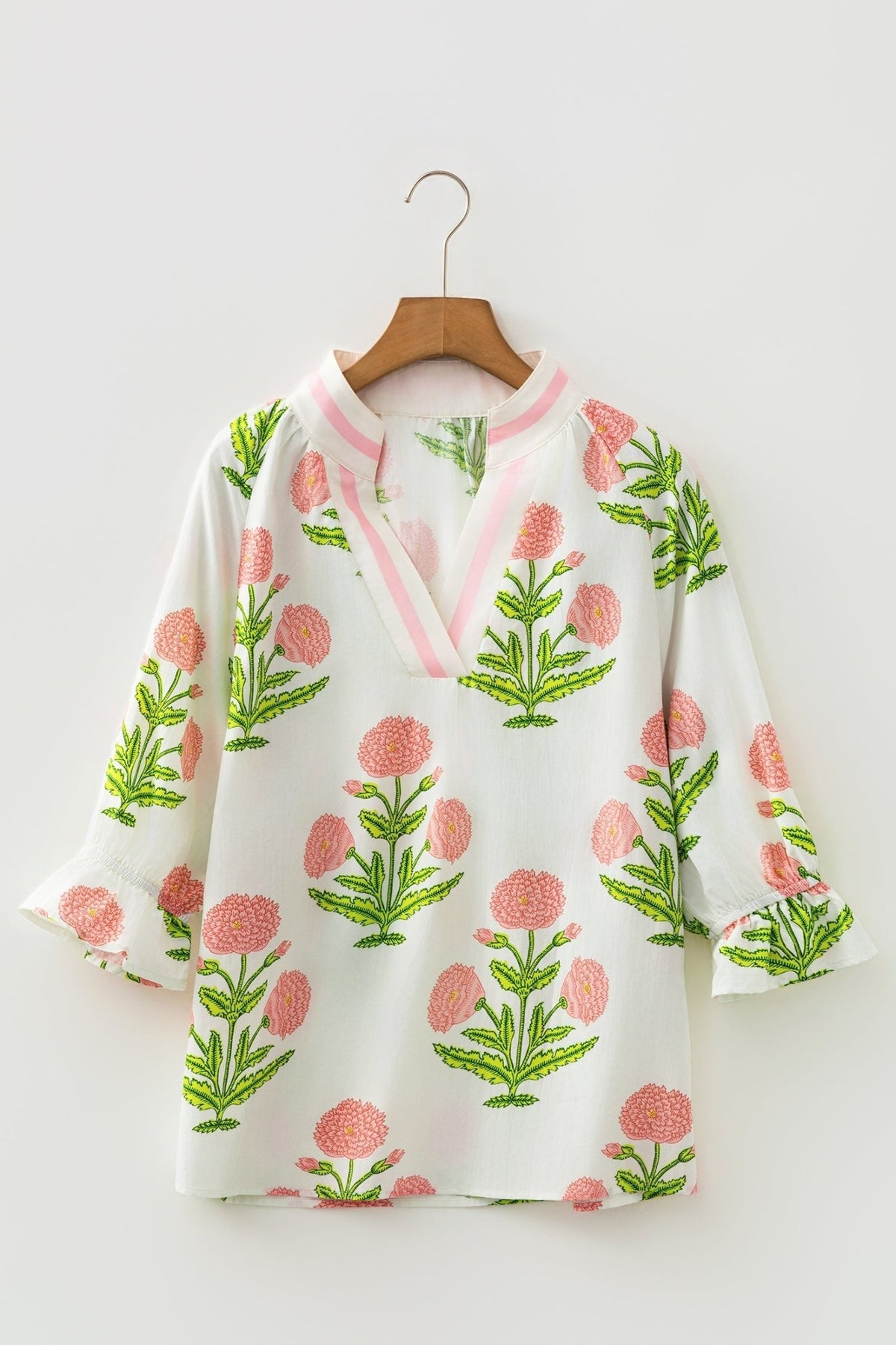 Flower Contrast V-Neck 3/4 Sleeve Blouse - Rooted & Reckless Co.