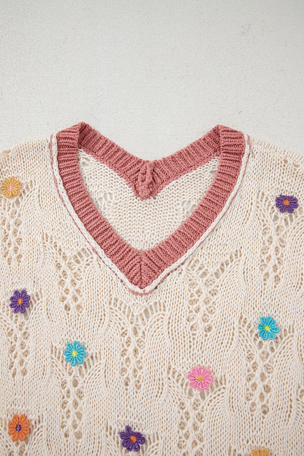 Flower Embroidered Colorblock Edge Hollowed Sweater - Rooted & Reckless Co.