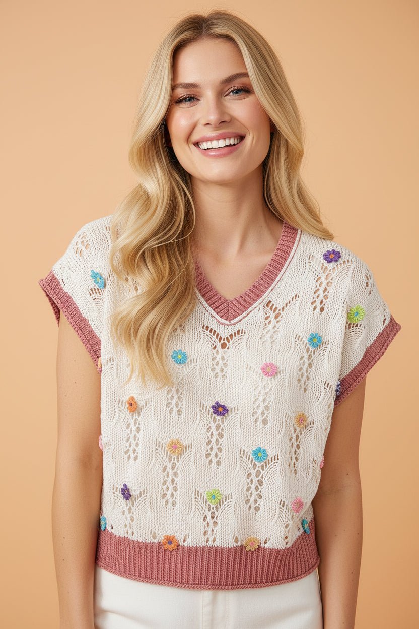 Flower Embroidered Colorblock Edge Hollowed Sweater - Rooted & Reckless Co.