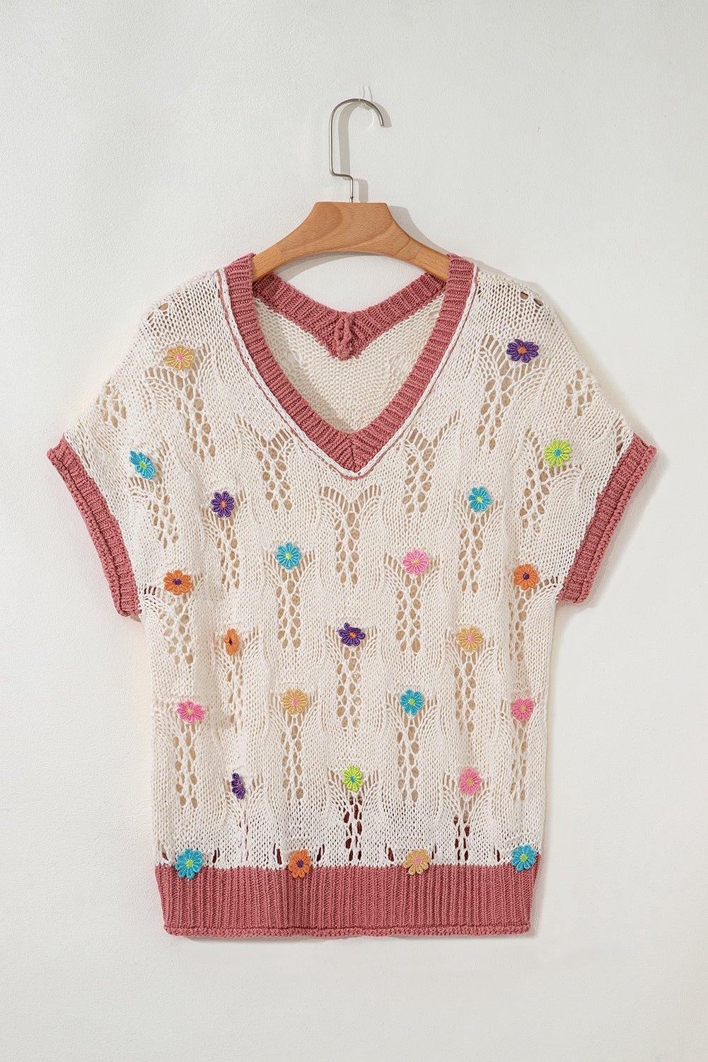 Flower Embroidered Colorblock Edge Hollowed Sweater - Rooted & Reckless Co.