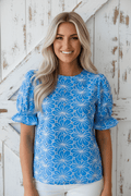 Flower Embroidered Eyelet Frilled Puff Sleeve Blouse - Rooted & Reckless Co.