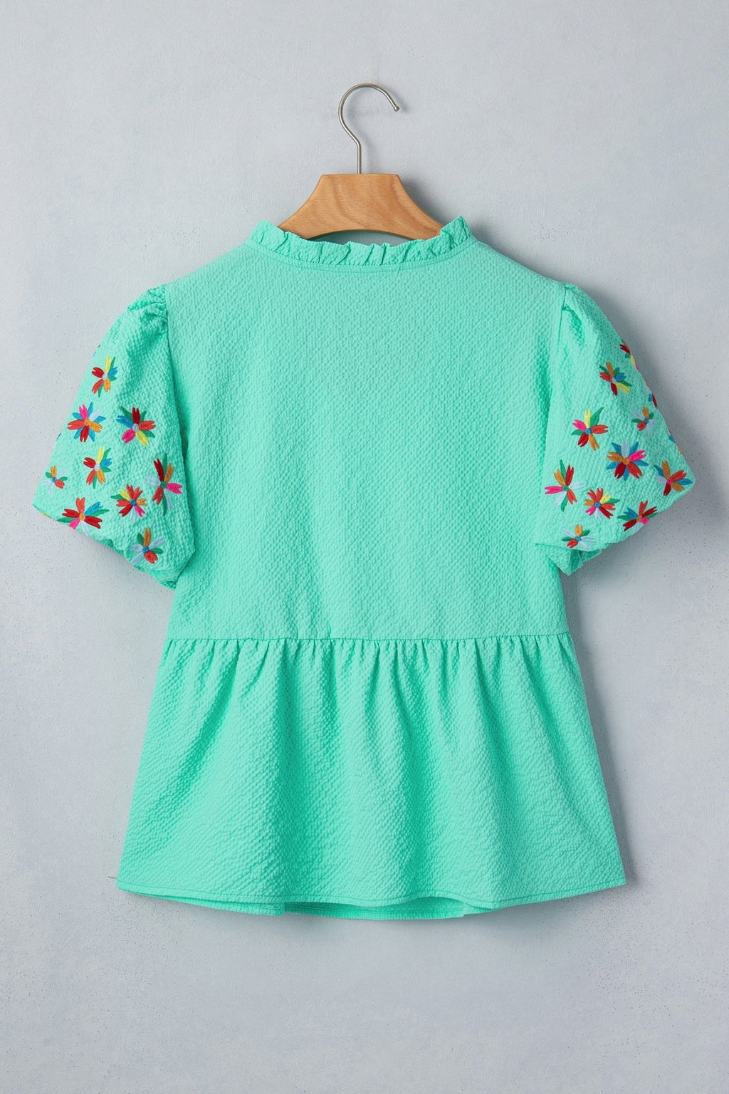 Flower Embroidered Puff Sleeve Frilled V-Neck Blouse - Rooted & Reckless Co.