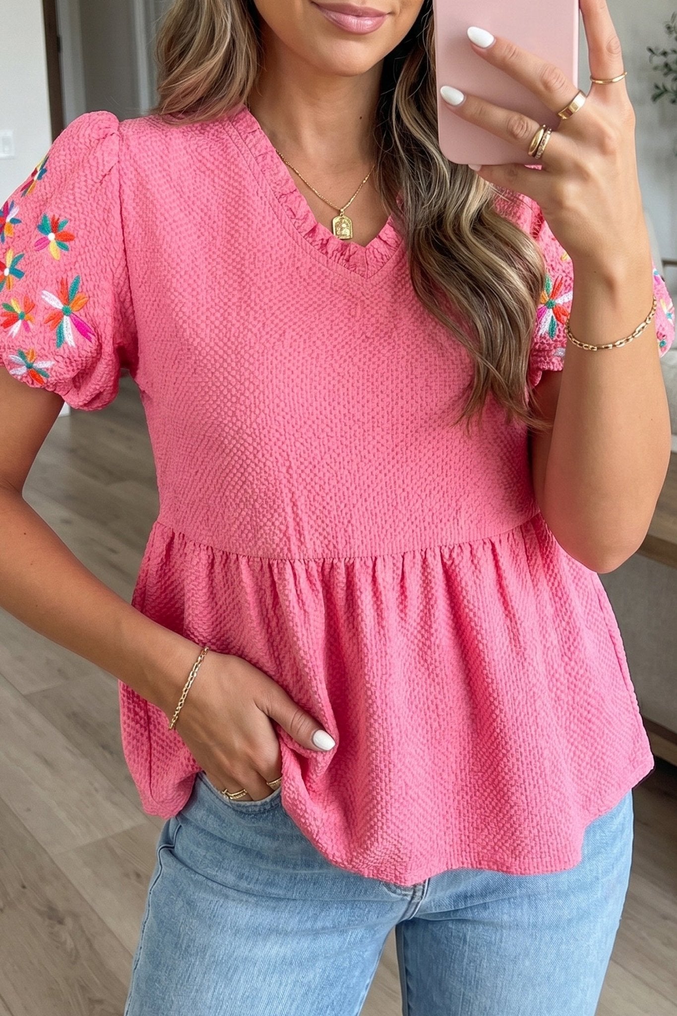 Flower Embroidered Puff Sleeve Frilled V-Neck Blouse - Rooted & Reckless Co.