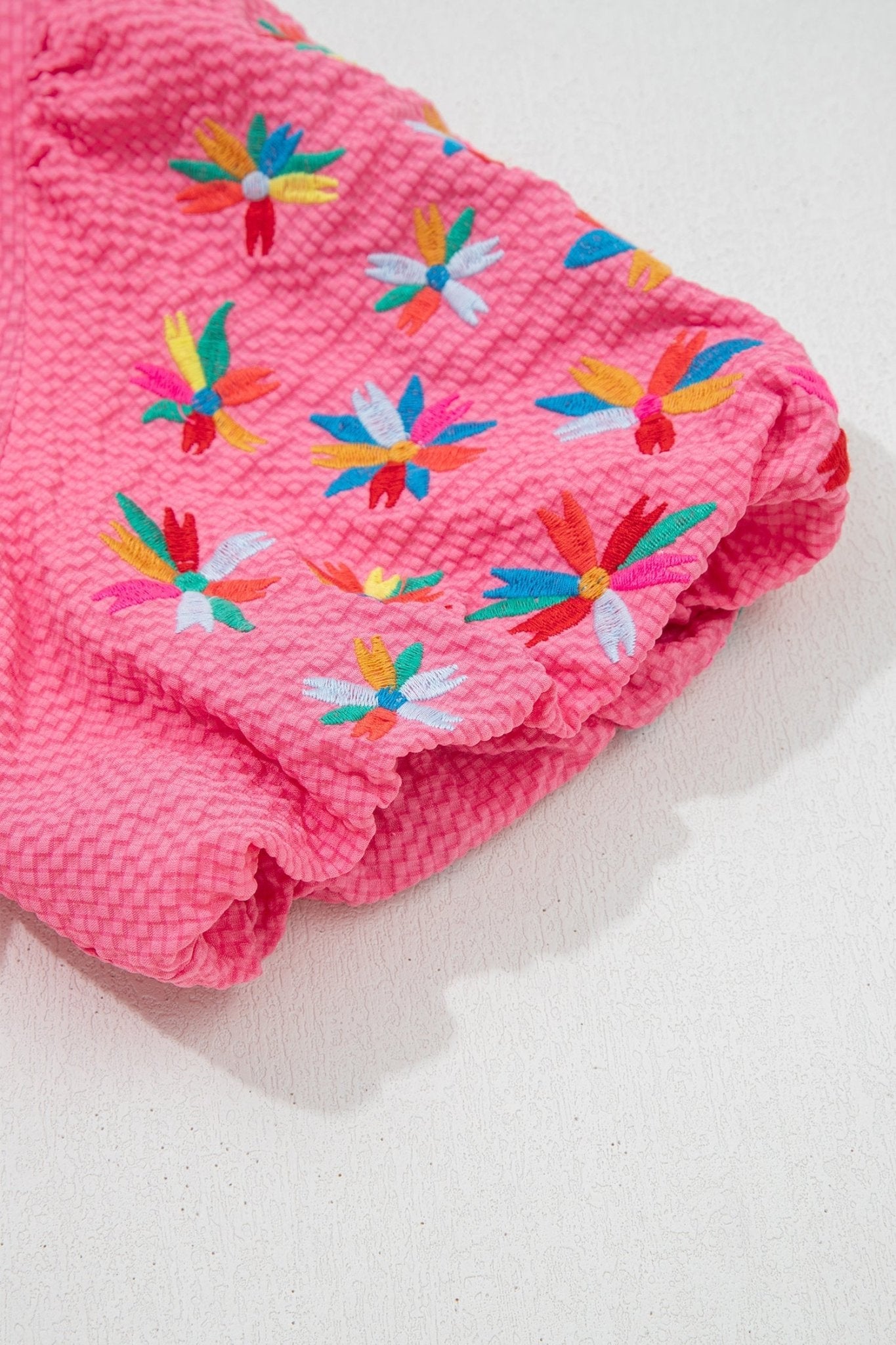 Flower Embroidered Puff Sleeve Frilled V-Neck Blouse - Rooted & Reckless Co.