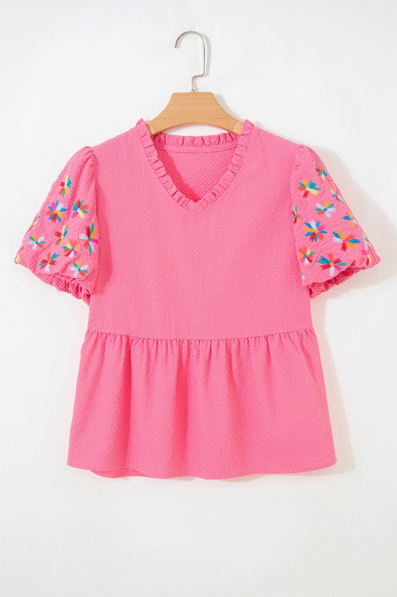 Flower Embroidered Puff Sleeve Frilled V-Neck Blouse - Rooted & Reckless Co.