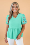 Flower Embroidered Puff Sleeve Frilled V-Neck Blouse - Rooted & Reckless Co.