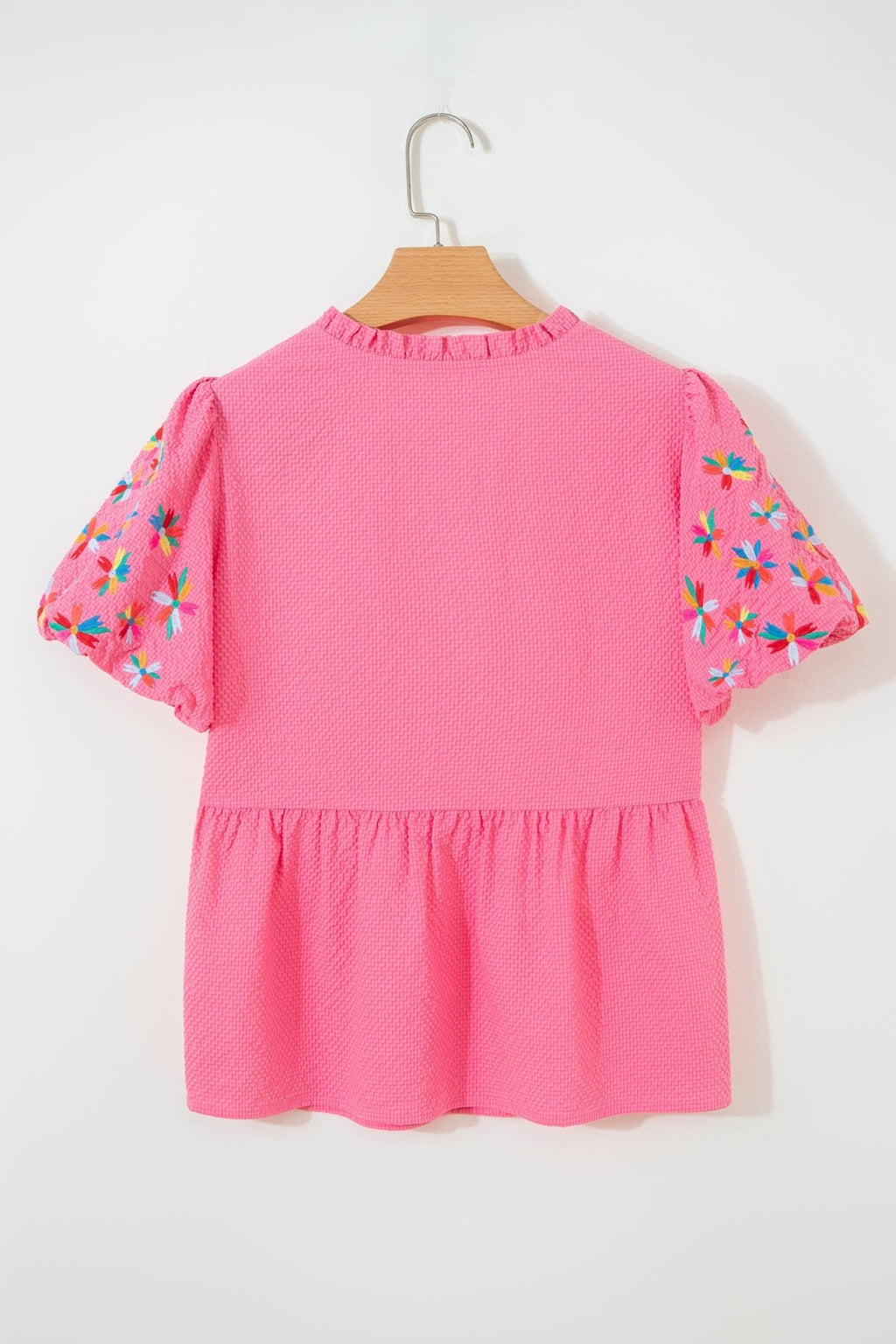 Flower Embroidered Puff Sleeve Frilled V-Neck Blouse - Rooted & Reckless Co.