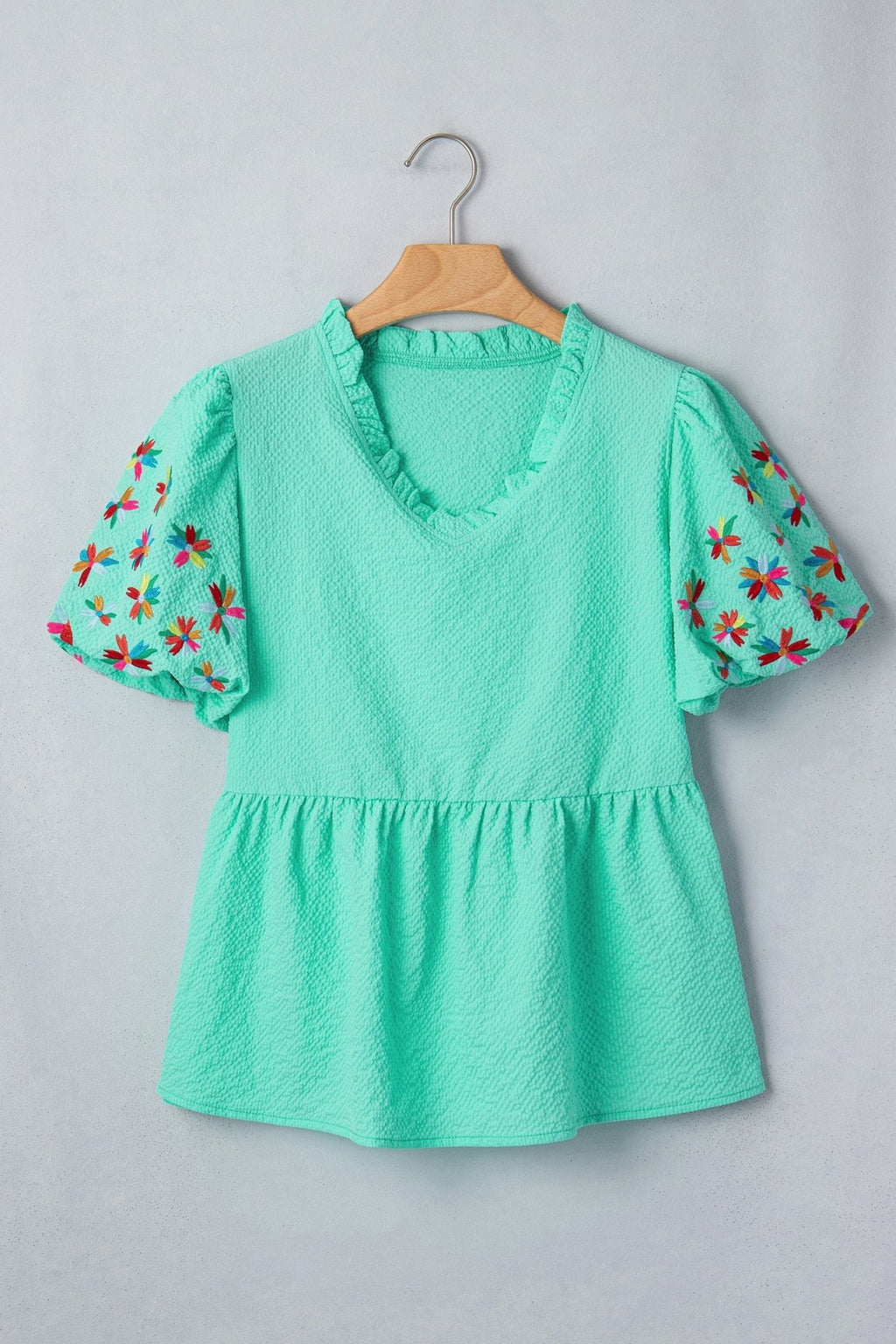 Flower Embroidered Puff Sleeve Frilled V-Neck Blouse - Rooted & Reckless Co.