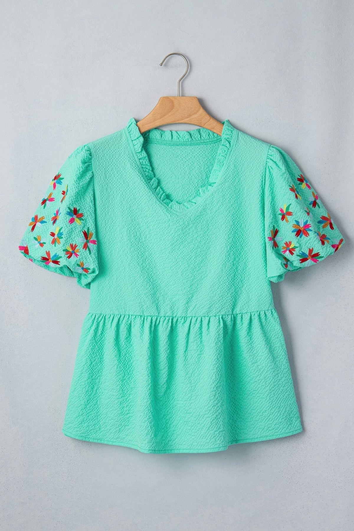 Flower Embroidered Puff Sleeve Frilled V-Neck Blouse - Rooted & Reckless Co.