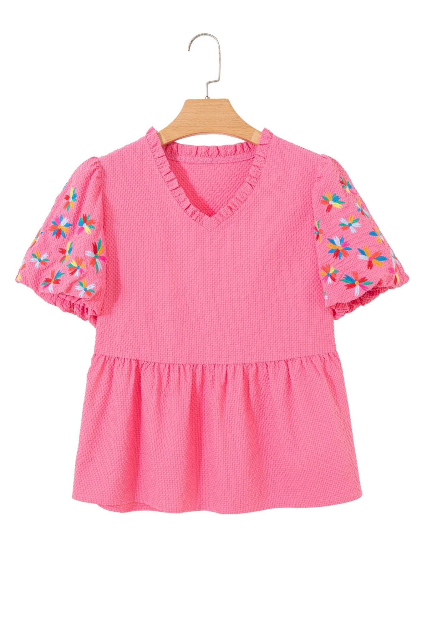 Flower Embroidered Puff Sleeve Frilled V-Neck Blouse - Rooted & Reckless Co.