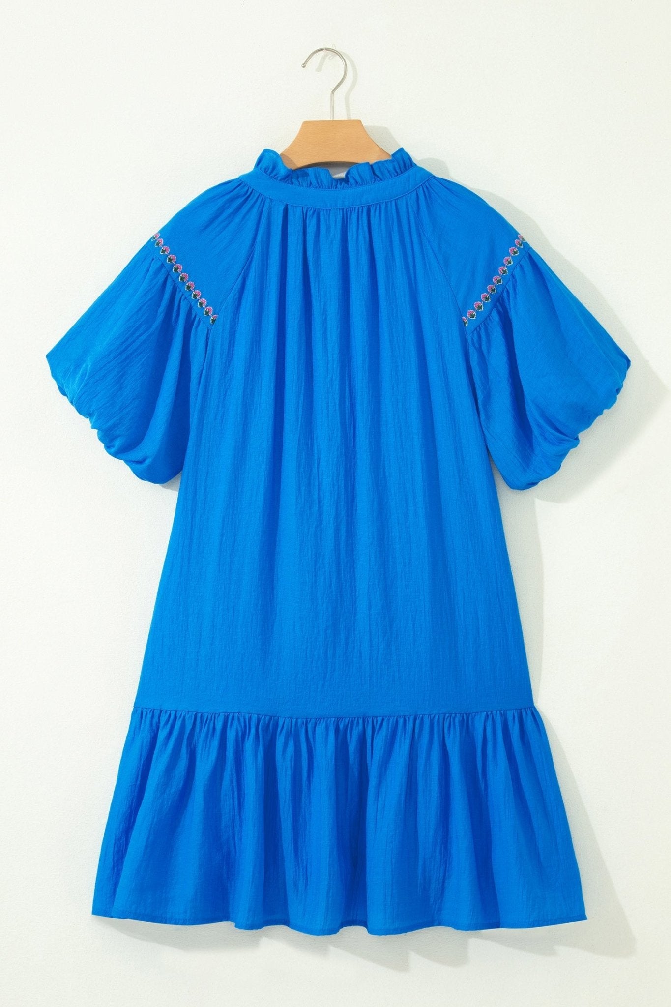 Flower Embroidered Puff Sleeve Ruffle Hem Dress - Rooted & Reckless Co.