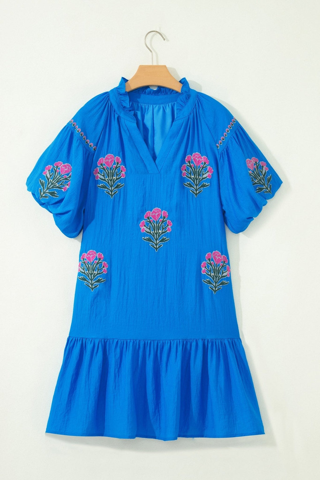 Flower Embroidered Puff Sleeve Ruffle Hem Dress - Rooted & Reckless Co.