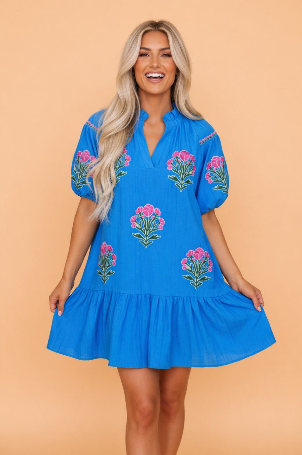 Flower Embroidered Puff Sleeve Ruffle Hem Dress - Rooted & Reckless Co.