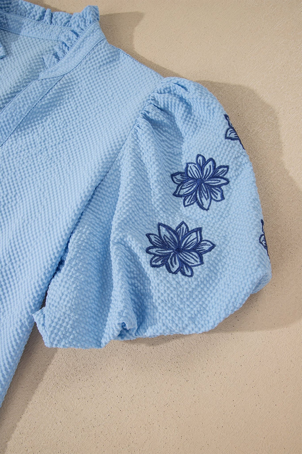 Flower Embroidered Puff Sleeve Split Neck Blouse - Rooted & Reckless Co.
