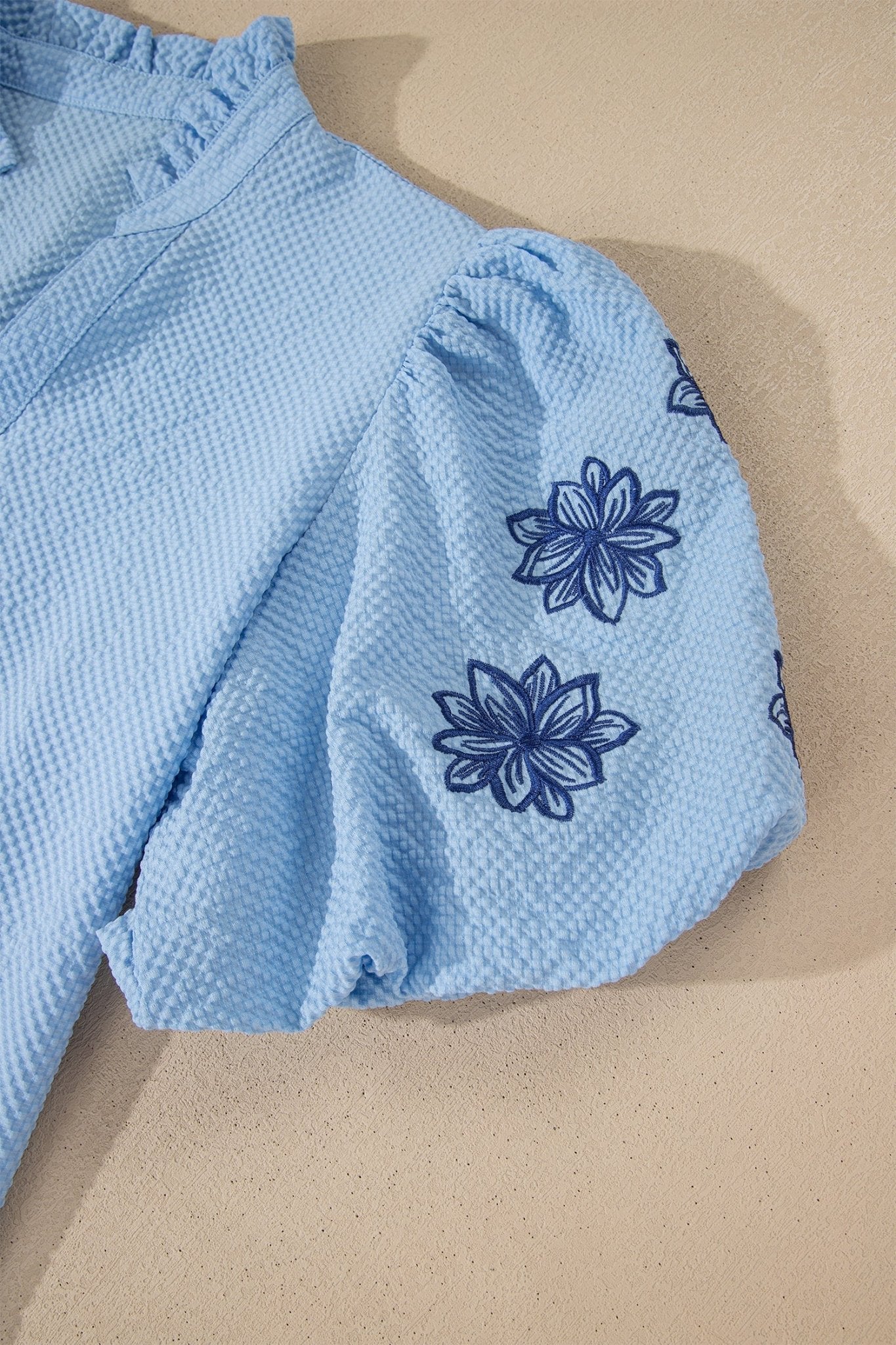 Flower Embroidered Puff Sleeve Split Neck Blouse - Rooted & Reckless Co.