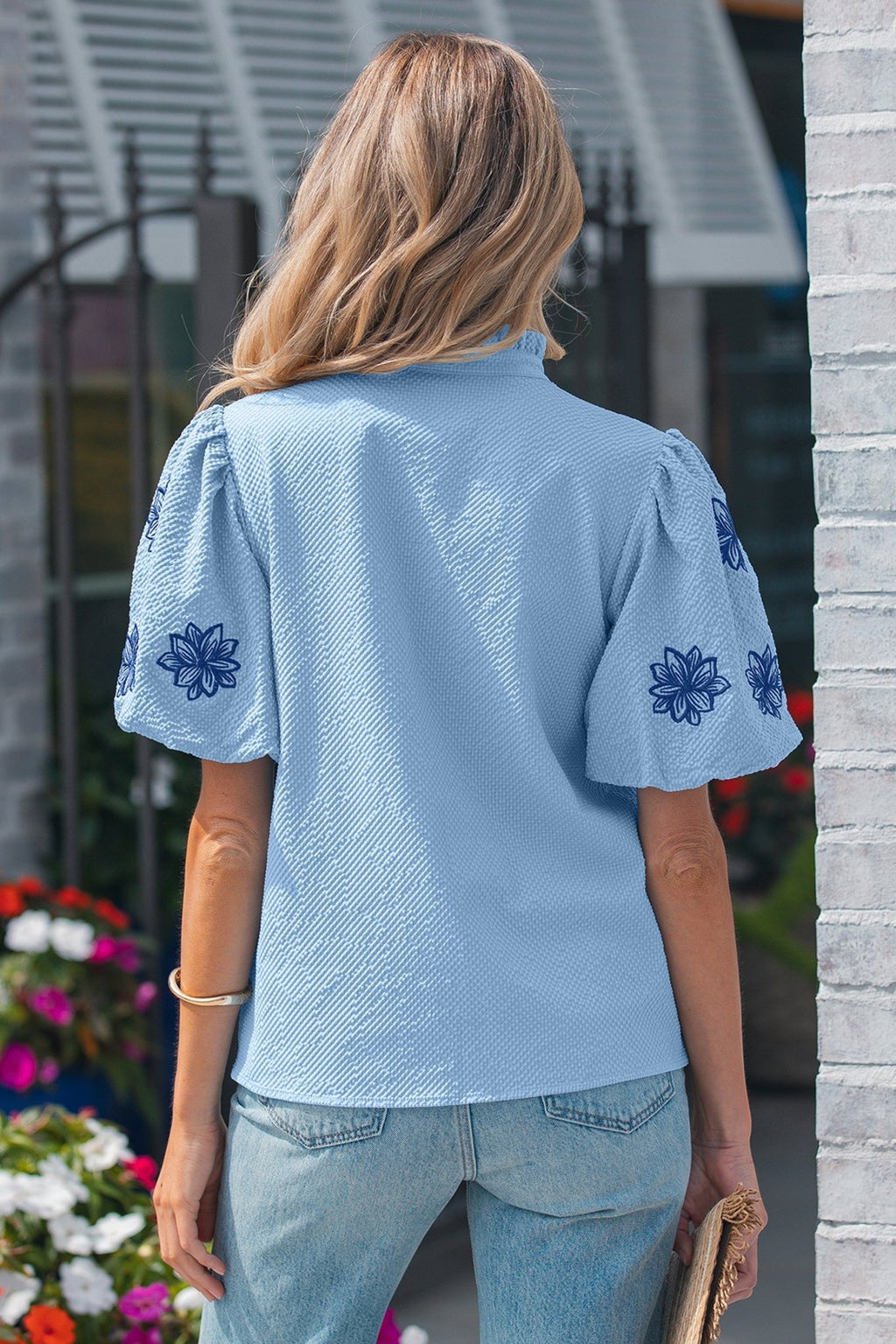 Flower Embroidered Puff Sleeve Split Neck Blouse - Rooted & Reckless Co.