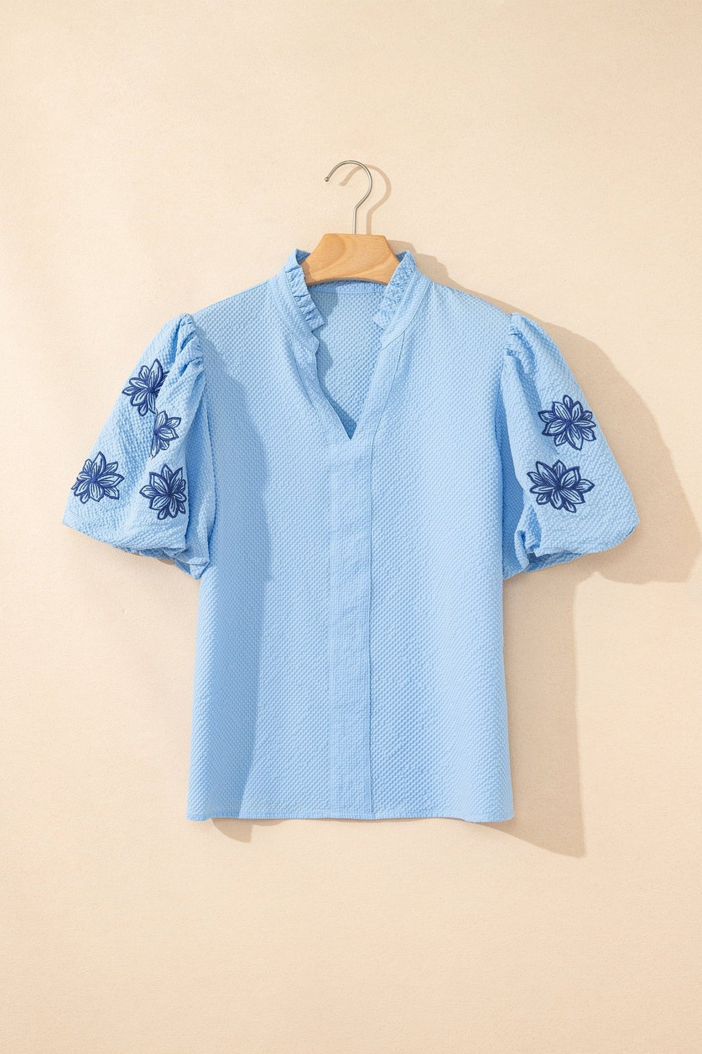 Flower Embroidered Puff Sleeve Split Neck Blouse - Rooted & Reckless Co.